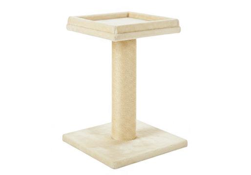 Beige cat scratching post tower with sisal rope and platform, isolated on transparent background