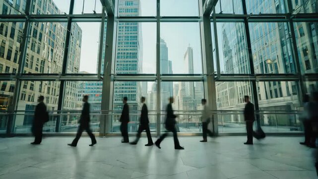 Time-lapse of bustling city financial district with blurred motion pedestrians and sunlight reflections on glass skyscrapers, energetic business atmosphere