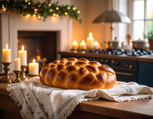 Golden Braided Bread Loaf's Delight A Festive Kitchen Scene with Candles and Cozy Charm