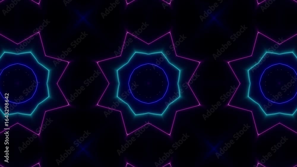 Poster glowing kaleidoscopic star pattern with pulsating neon lines