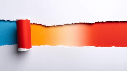 Torn White Paper Reveals a Gradient of Red Orange and Yellow over Blue Background with a Rolled Edge Abstract Concept - Powered by Adobe