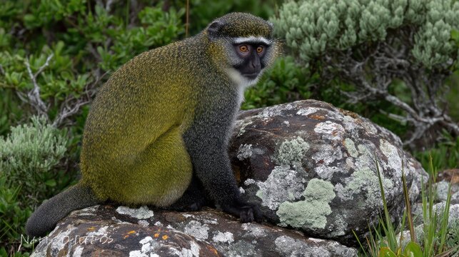 Close-up of a Green Monkey Sitting on a Rock in a Lush Green Habitat Surrounded by Vegetation - Powered by Adobe
