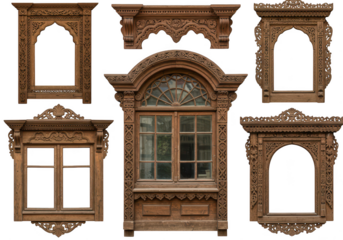 Collection of ornate carved wooden window frames and architectural elements, isolated on transparent background, showcasing intricate traditional craftsmanship and vintage design