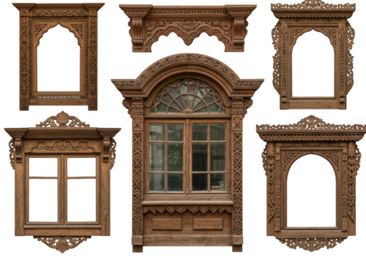 Collection of ornate carved wooden window frames and architectural elements, isolated on transparent background, showcasing intricate traditional craftsmanship and vintage design
