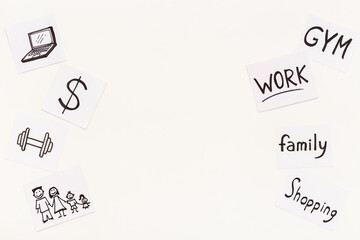 Many paper cards with hand drawing of different life activities. Life balance concept