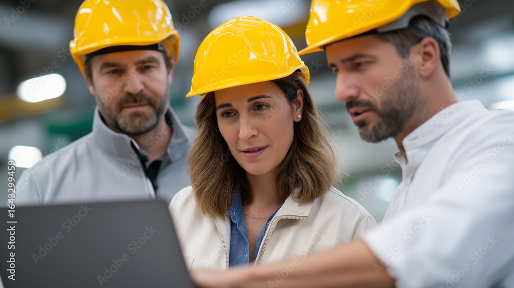 Poster engineers collaborating on a project in an industrial factory setting