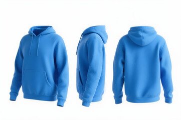 A high quality 3D mockup of a blank blue hoodie displayed in three different angles: front view, side view, and back view isolated on a bright white background