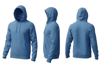 A high quality 3D mockup of a blank blue hoodie displayed in three different angles: front view, side view, and back view isolated on a bright white background