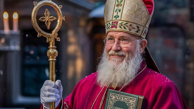 A kind Saint Nicholas in traditional bishop's robes holds a golden crosier and a blessings book, smiling warmly in a gentle snowfall