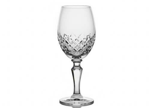 Elegant crystal wine glass with intricate cut pattern, isolated on transparent background