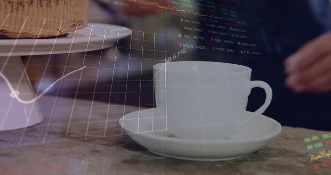 Digital grid fading in with tickers while hand lifting cup revealing cake wave graph for finance