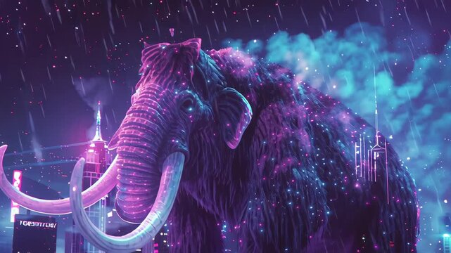 Neon-lit woolly mammoth in futuristic city at night, blending prehistoric animal with sci-fi fantasy and cyberpunk aesthetic

