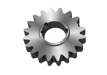 A single metal gear with many teeth, isolated on a transparent background, representing mechanical engineering and industrial components