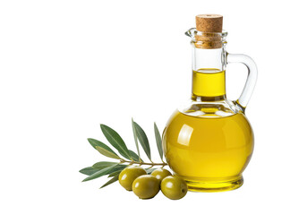 A glass bottle filled with golden olive oil, accompanied by fresh green olives and leaves, isolated on transparent background