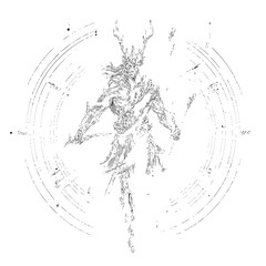 Stylized drawing of a horned figure with an intricate design standing inside a circular frame design