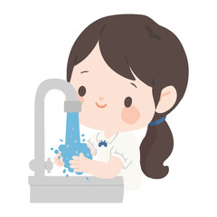 Cartoon Illustration of Woman Washing Hands