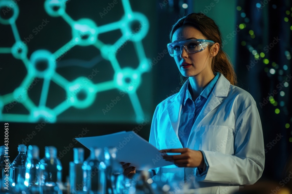 Poster scientist presents research findings in a laboratory setting with molecular visuals on display