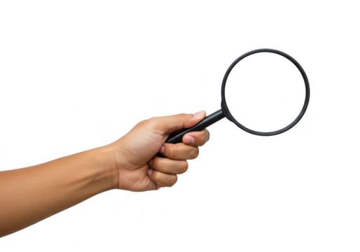 Hand holding a magnifying glass, isolated on transparent background, symbolizing search, discovery, and detailed examination - Powered by Adobe
