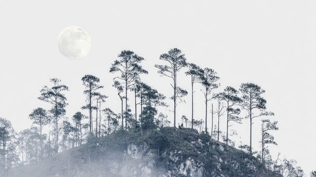 Misty mountain peak under a full moon.
