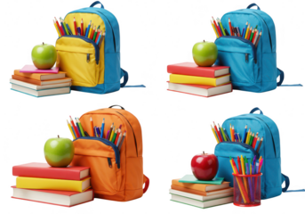 Four colorful backpacks filled with pencils, next to stacks of books and apples, isolated on transparent background