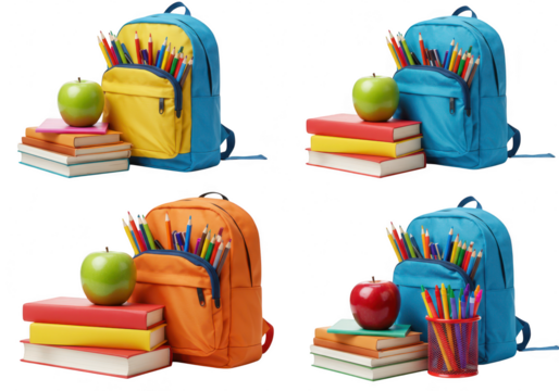 Four colorful backpacks filled with pencils, next to stacks of books and apples, isolated on transparent background