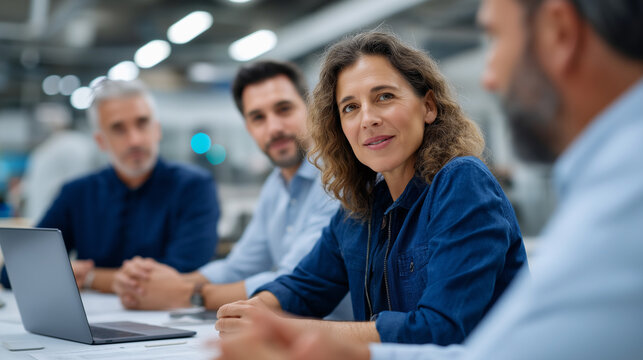 Diverse Engineering Team Collaborates in High-Tech Factory Meeting Room