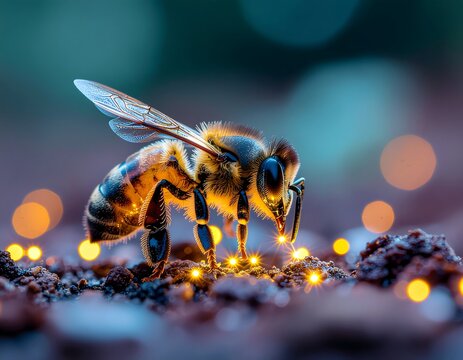 Close-up of a honeybee collecting pollen, glowing in golden sunlight