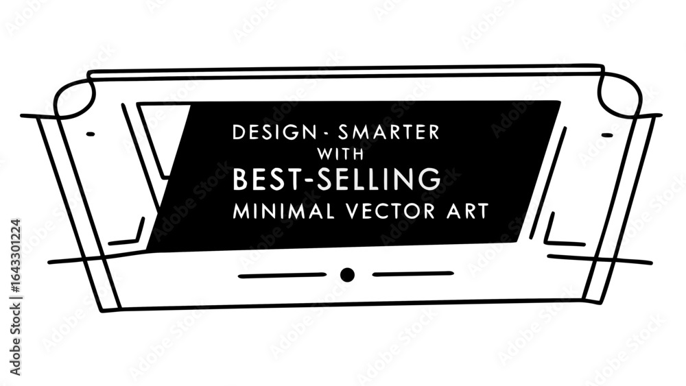 Poster minimalist design featuring a framed black rectangle with text and geometric line art on a white bac