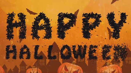 Halloween Title Card: 'Happy Halloween' with Orange Sky, Houses, and Bats