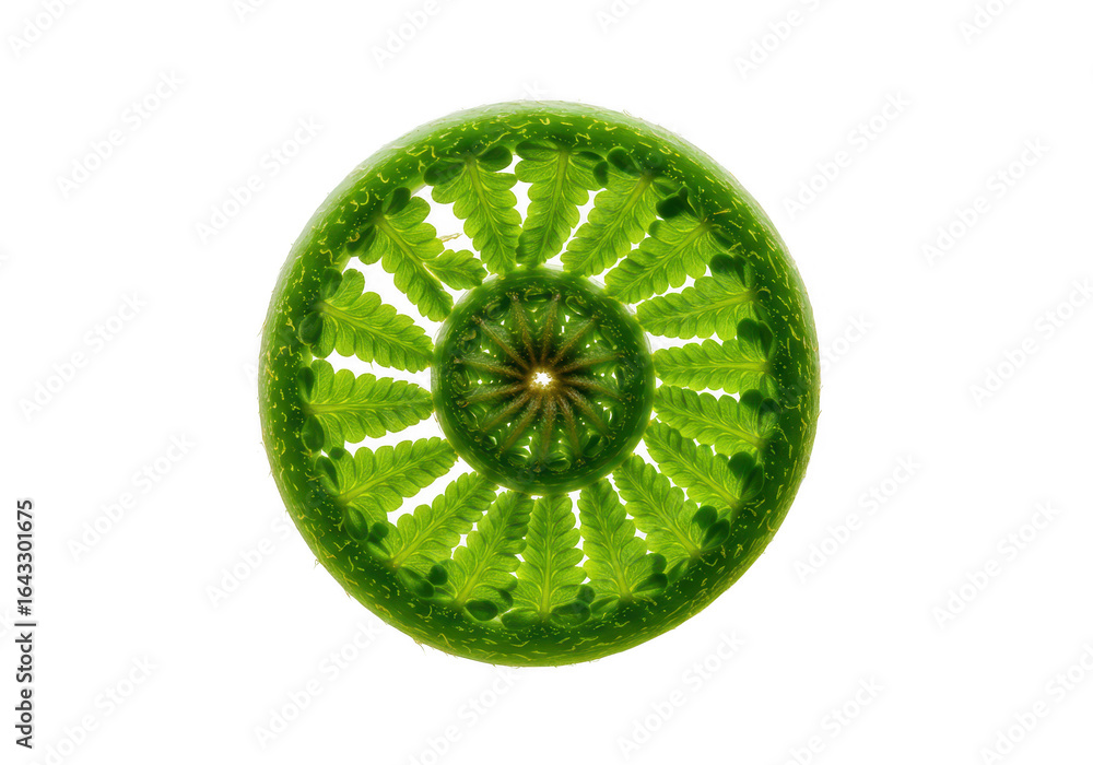 Poster Abstract top view of a vibrant green lime slice, showcasing its intricate pattern and texture, isolated on a transparent background