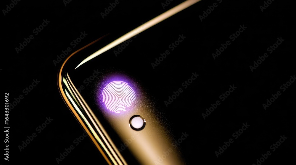 Poster close-up of a fingerprint sensor on a modern smartphone.