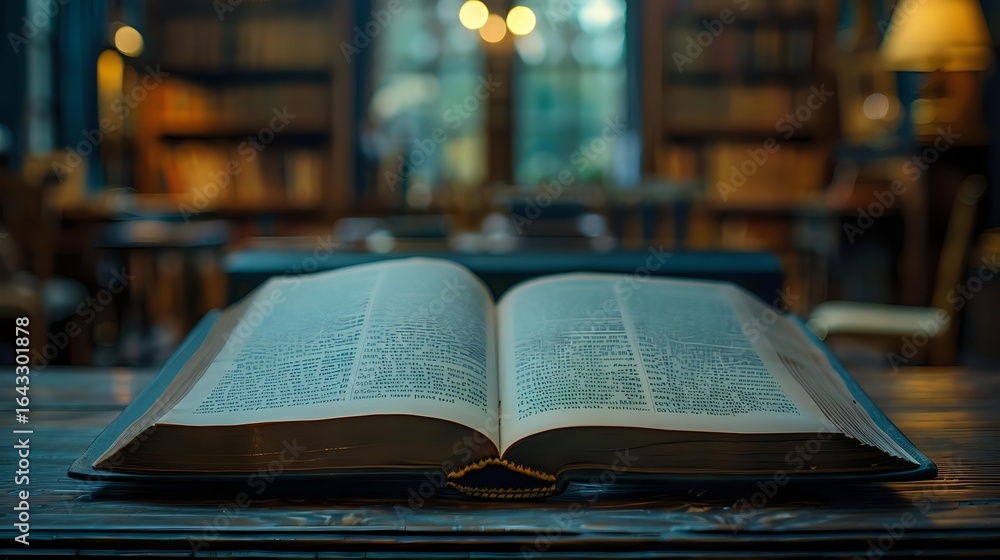 Poster Open book with pages spread on wooden table in library interior with soft bokeh lights and bookshelves in background creating atmospheric study environment.