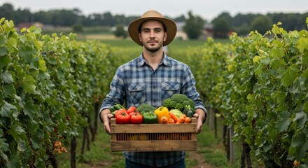 A farmer stands in a vineyard holding a crate of fresh vegetables. He wears a hat and plaid shirt. The composition is symmetrical.