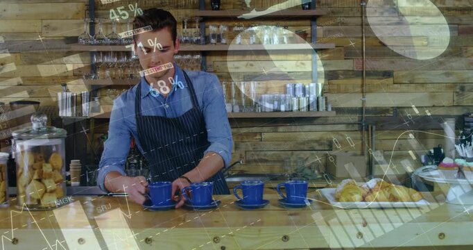 Barista picking, placing blue mug on saucer at counter, adjusting spacing for even coffee service