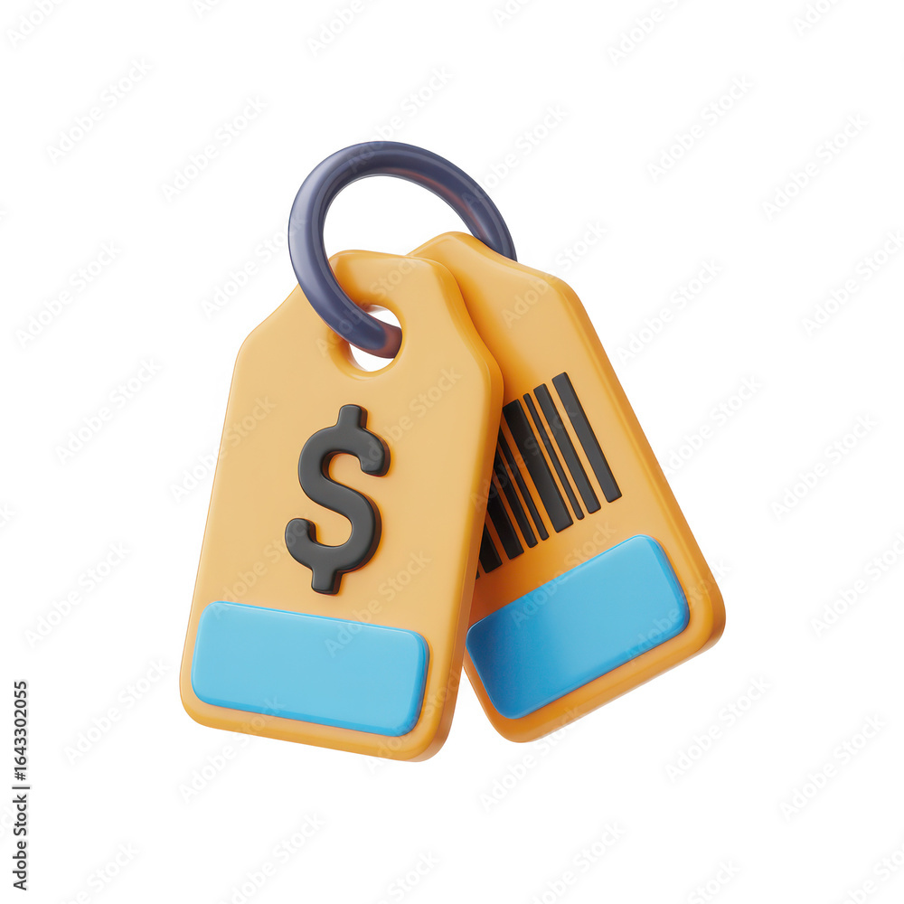 Poster two 3d rendered price tags one with a dollar sign and the other with a barcode isolated on transpare