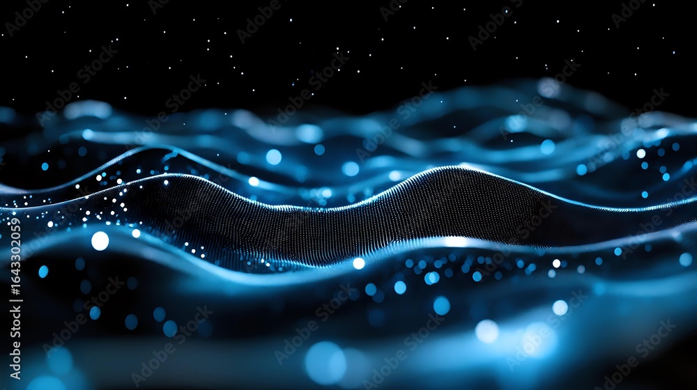 Poster abstract digital wave visualization with glowing blue particles and flowing lines against dark backg