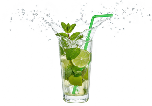 Refreshing mojito cocktail with mint and lime splashing in a glass with a green straw, isolated on transparent background