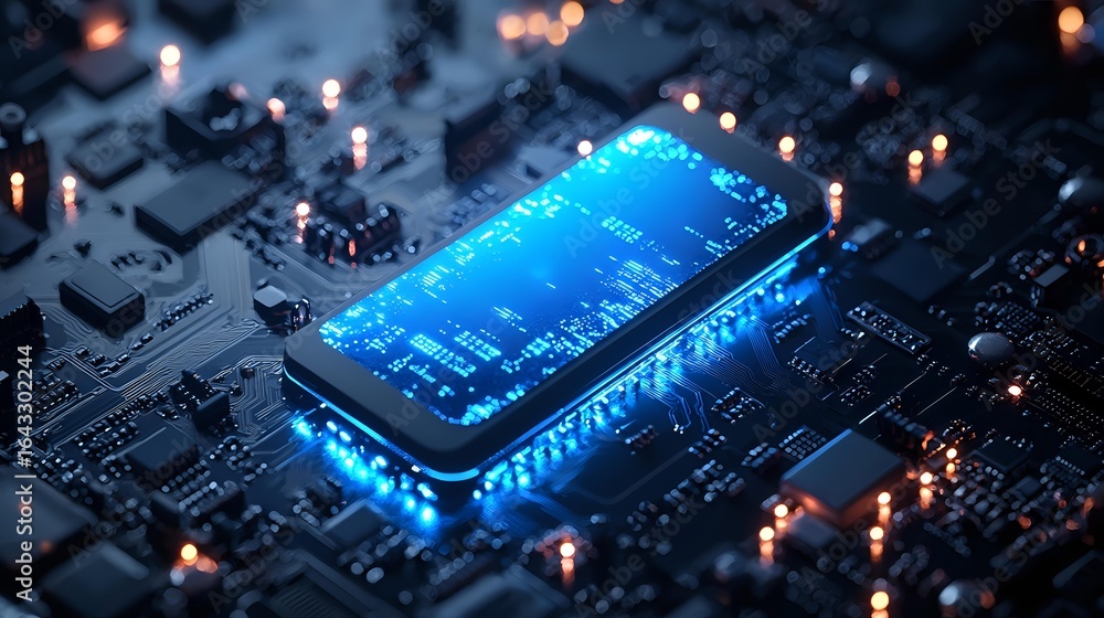 Poster glowing blue microprocessor on dark circuit board with electronic components, dramatic lighting high