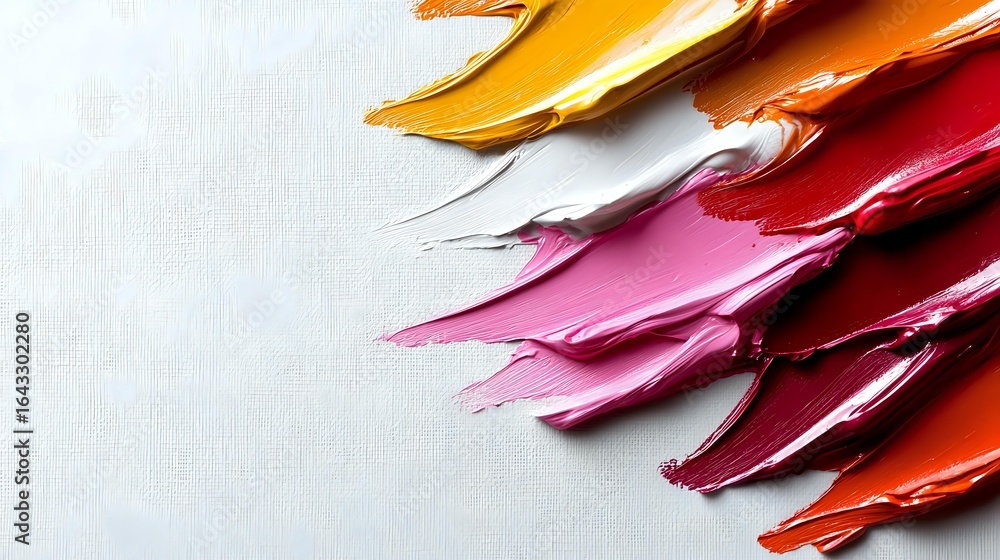 Poster vibrant paint smears in warm tones from yellow to red create dynamic diagonal strokes on white backg