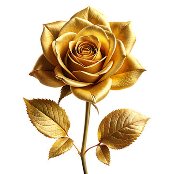  A detailed close up of a golden rose with leaves and stem isolated on white background PNG.AI Generated.
