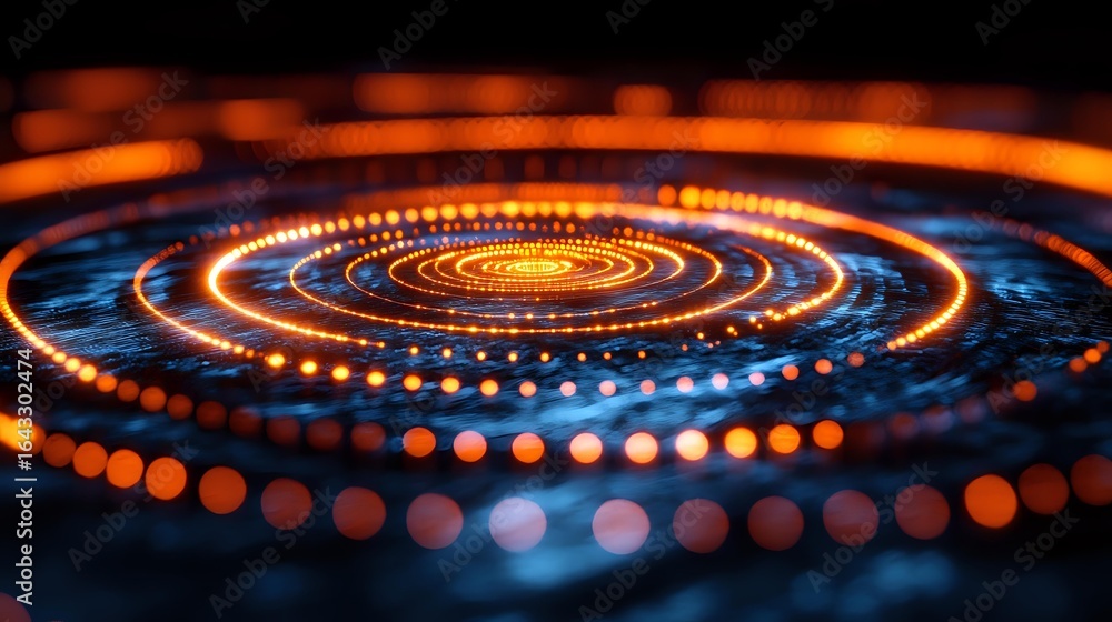 Poster glowing orange and blue spiral pattern with light dots creating dynamic circular motion effect again