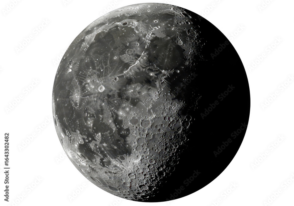 Poster detailed view of the moons cratered surface, showcasing its texture and shadows, isolated on a trans