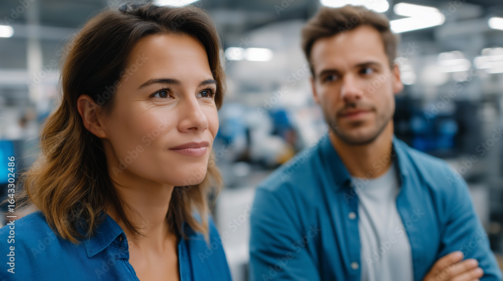 Poster international engineers discuss ai robot dog in factory workshop