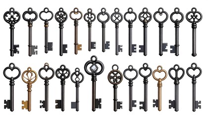 Collection of antique keys on white background, various shapes and designs