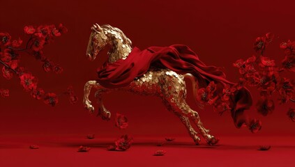 Golden horse, red cloth, blossoms