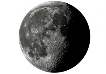 Detailed view of the moons cratered surface, showcasing its texture and shadows, isolated on a transparent background