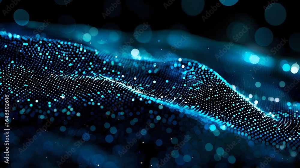 Poster glowing blue particles forming dynamic wave pattern against dark background, with bokeh light effect