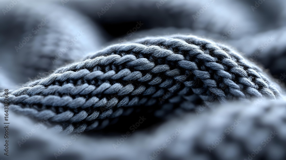 Poster close-up macro shot of gray knitted wool textile showing detailed texture and pattern of woven fabri