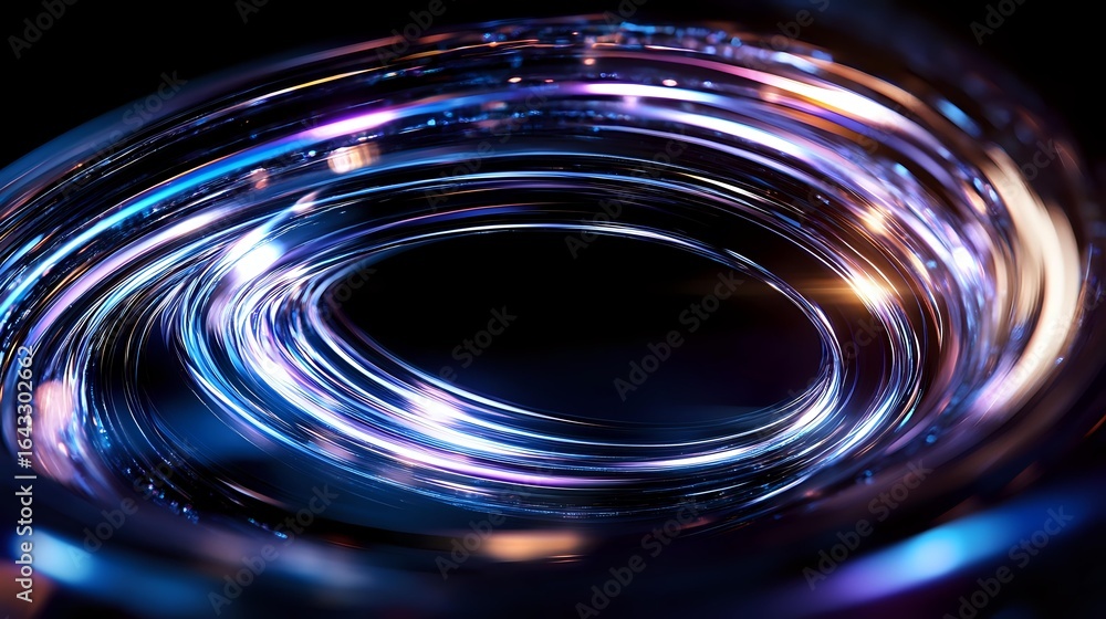 Poster glowing spiral light trails create dynamic circular motion effect in dark space with vibrant blue an