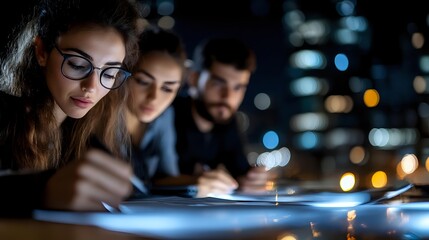 Young diverse team working late at office, focused on digital tablet screen with blue light reflection. Creative professionals collaborating on night project.